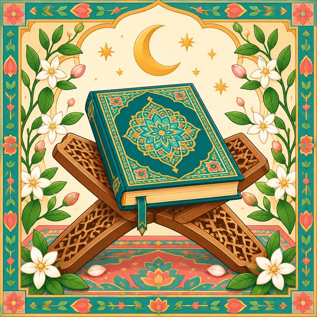 Illustration of a Qur'an on a wooden book stand