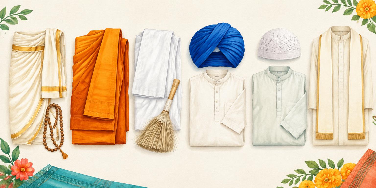 Illustrated examples of a dhoti and shawl, Buddhist robe, Jain white cloth, Sikh turban, Muslim prayer cap and Christian stole